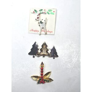 Christmas Holiday Brooch Pin Lot of 3 Candle Rhinestones Trees Reindeer Tac
